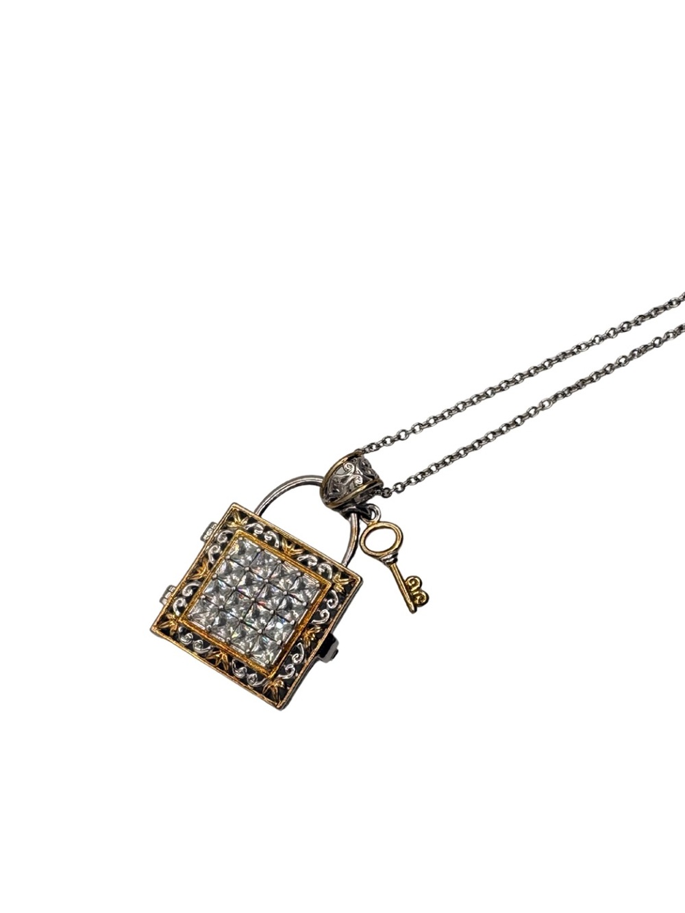 Square Crystal Padlock Necklace with Key Pendant - Gold & Silver